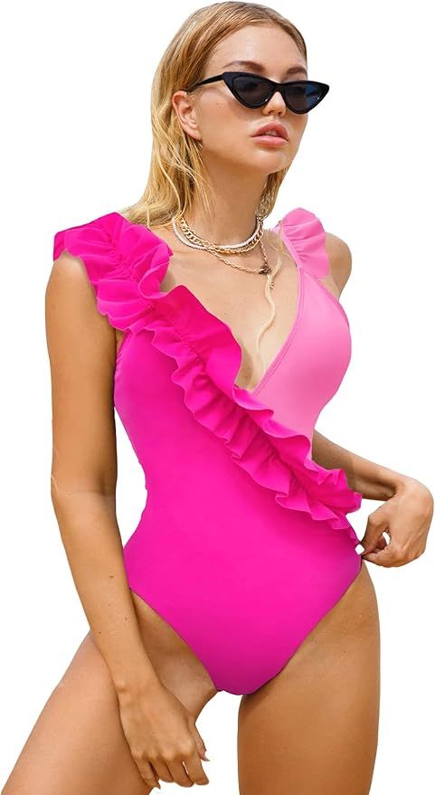 WDIRARA Women's Ruffle Trim Color Block Deep V Neck Tummy Control One Piece Swimsuit | Amazon (US)