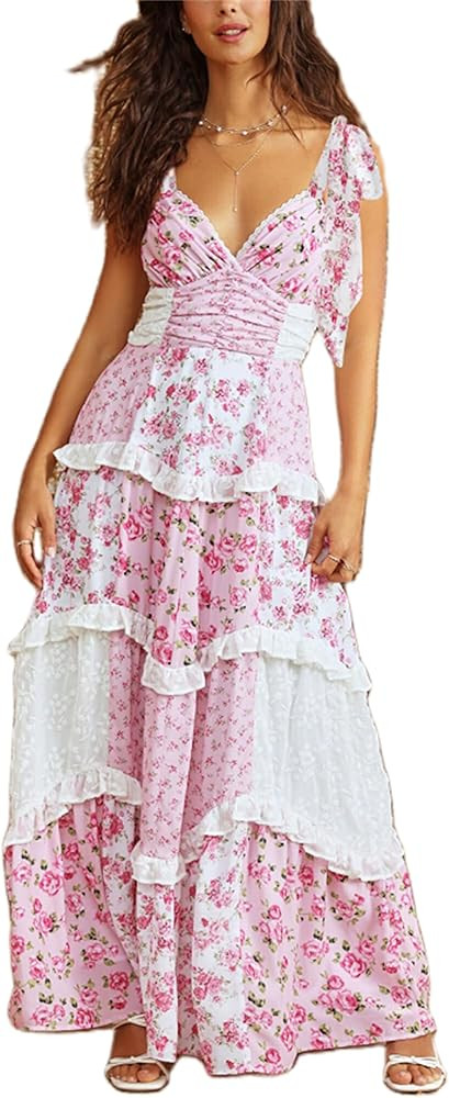Women Summer Boho Dress Floral Printing Sleeveless Tie Shoulder Flowy Maxi Dress Y2k Beachwear Su... | Amazon (US)