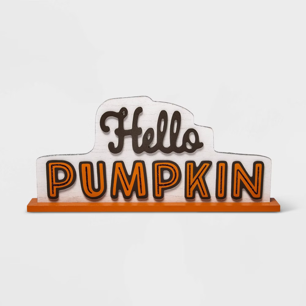 Halloween ""Hello Pumpkin"" Harvest Wood Tabletop Sign - Spritz | Target