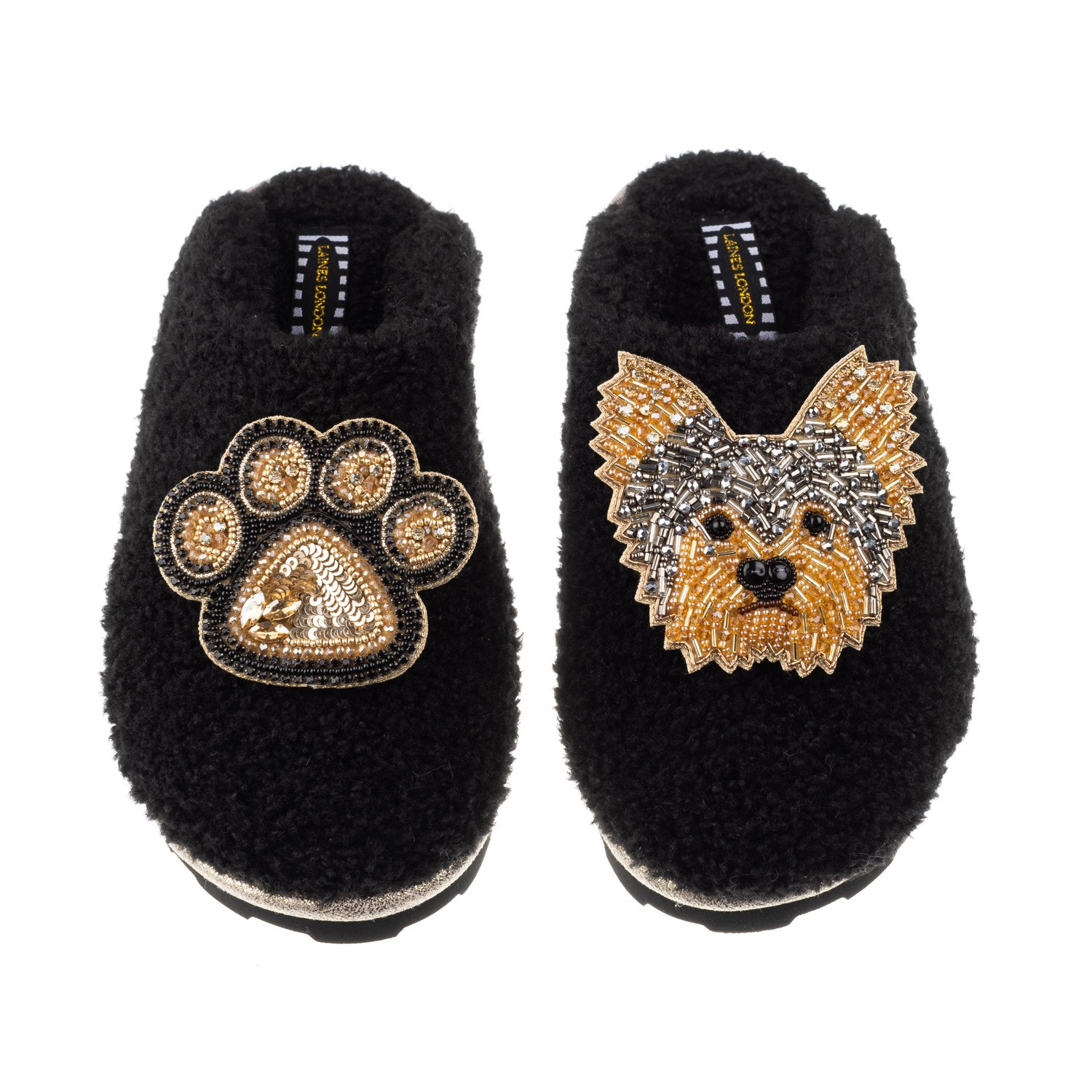 Teddy Towelling Closed Toe Slippers With Minnie Yorkie & Paw Brooches - Black | Wolf & Badger (US)