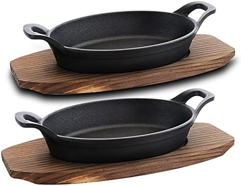 4 Piece Pre-seasoned Cast Iron Fajita Skillets and Steak Sizzle Plates - Oval Mini Server with Wo... | Amazon (US)