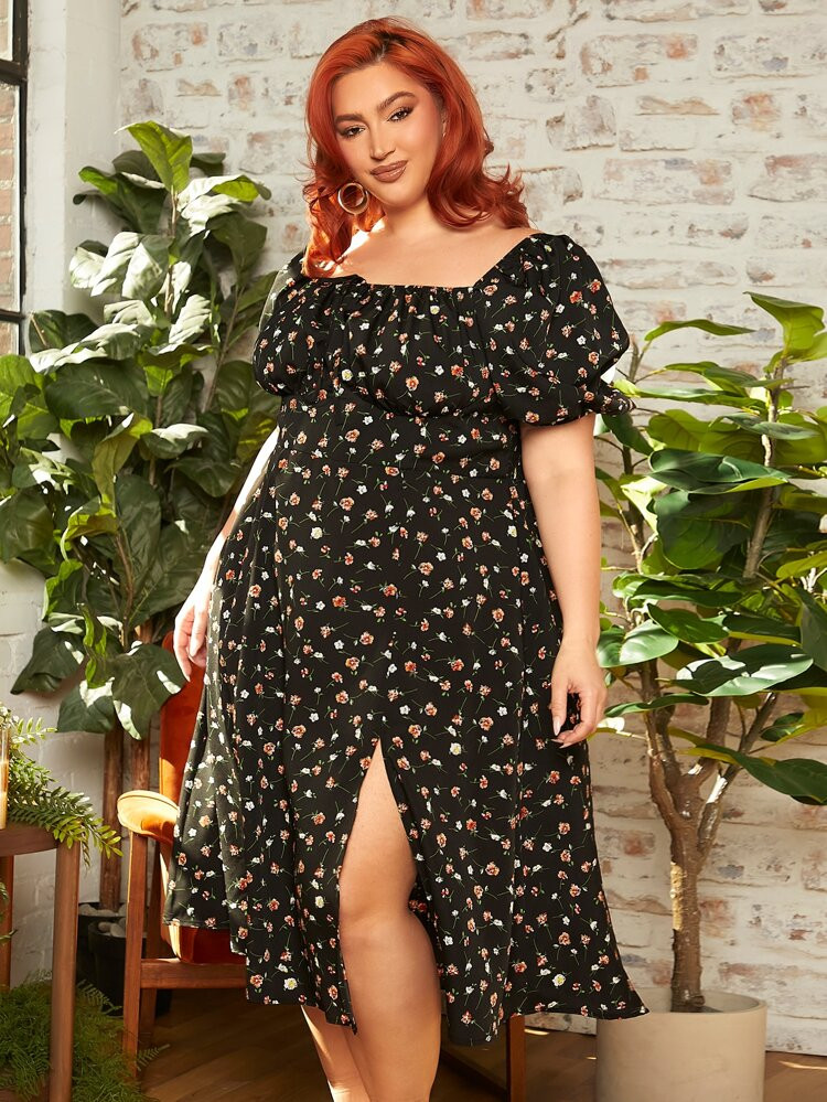 SHEIN FIT+ Plus Ditsy Floral Knot Front Puff Sleeve Dress | SHEIN