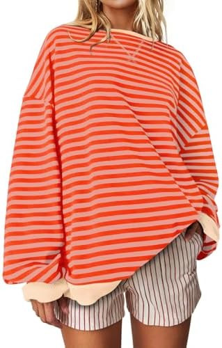 UEU Women Oversized Striped Crewneck Sweatshirt Long Sleeve Casual Pullover | Loose Fit Y2K Tops,... | Amazon (US)