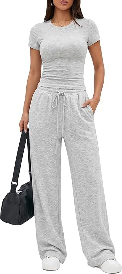 2 Piece Matching Lounge Set for Women Summer Outfit Sets Short Sleeve Crop Top Wide Leg Pants Set... | Amazon (US)