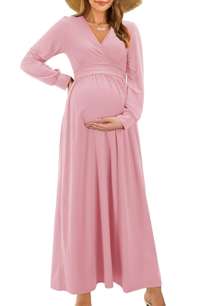 OUGES Fall Maternity Maxi Dress Long Sleeve Wrap V Neck Baby Shower Pregnancy Dresses for Photosh... | Amazon (US)