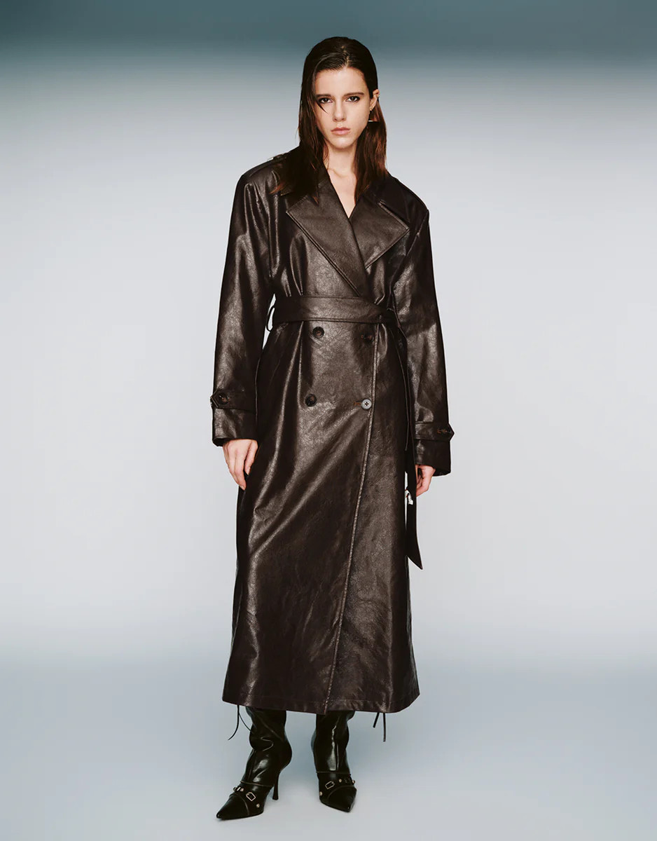 Longline Vegan Leather Trench Coat | Urban Revivo