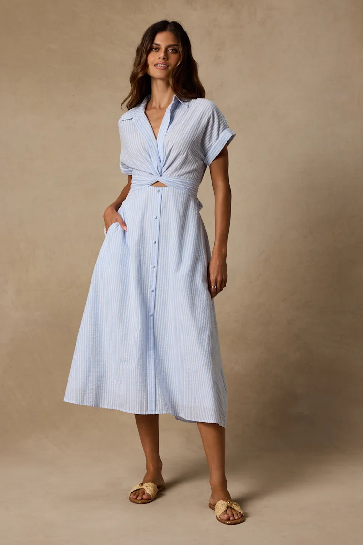 Adorable Impression White and Blue Midi Dress With Pockets | Lulus
