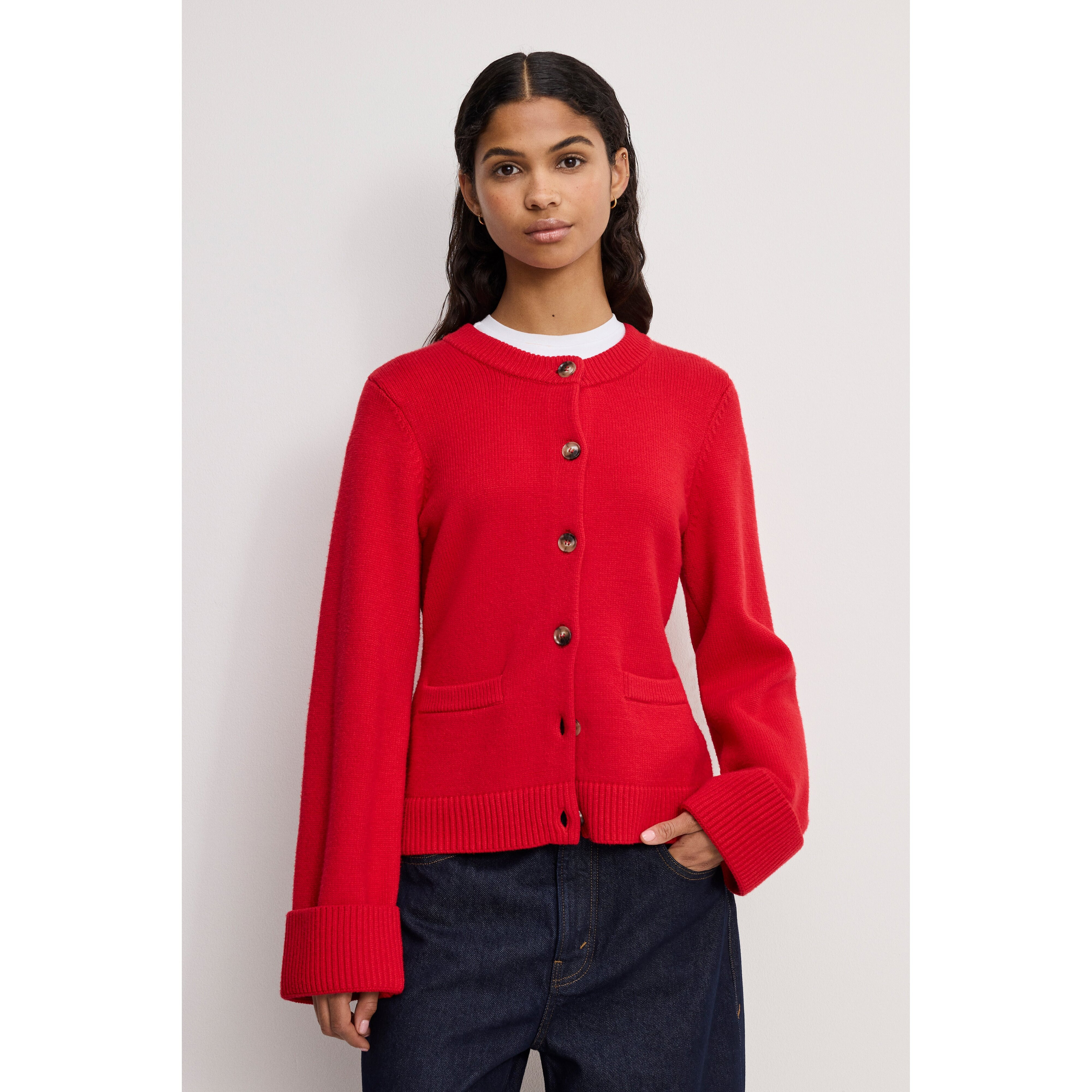 Women's Button Front Knit Cardigan | Chili, Size Large | Good American by Khlo� Kardashian | Good American