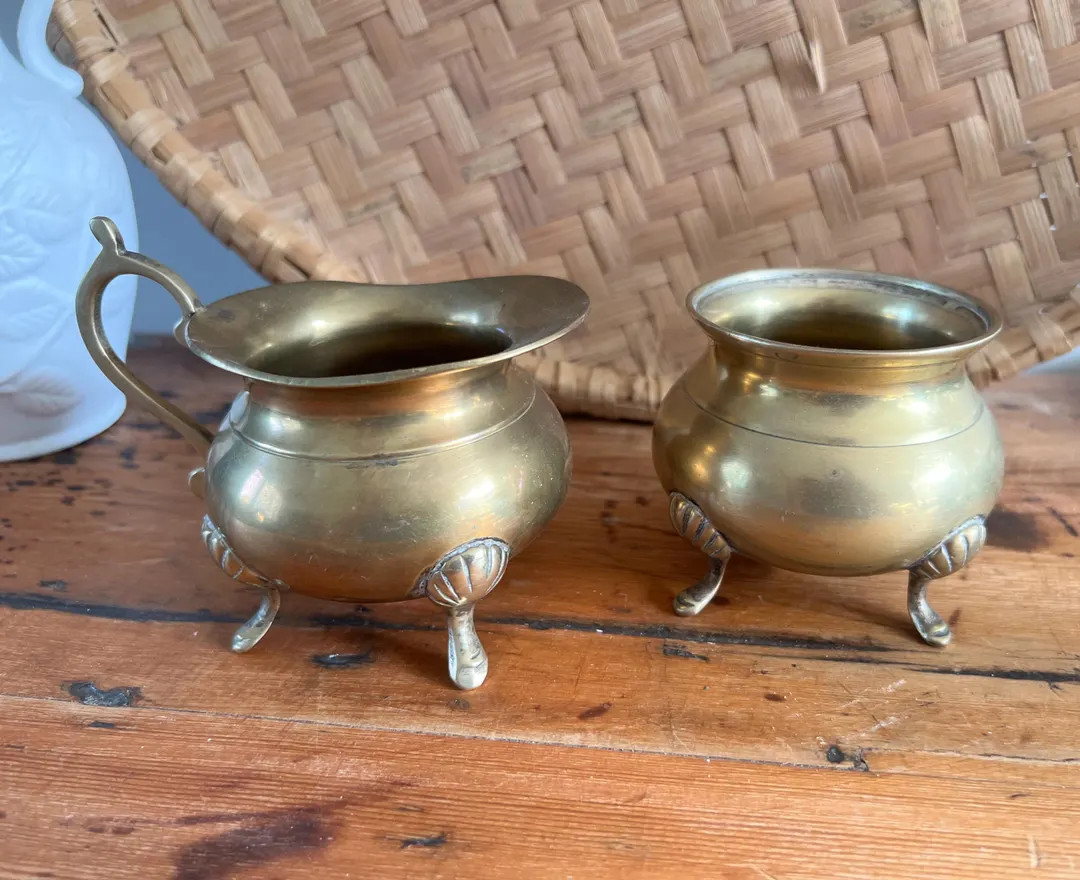 Vintage Brass Creamer and Sugar Bowl Set | Footed Brass Cream Pitcher & Open Sugar Pot | Ornate S... | Etsy (US)