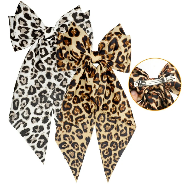 TSV 2pcs Hair Leopard Bows, Long Tail Bow Clip Big French Barrette for Women Girl | Walmart (US)