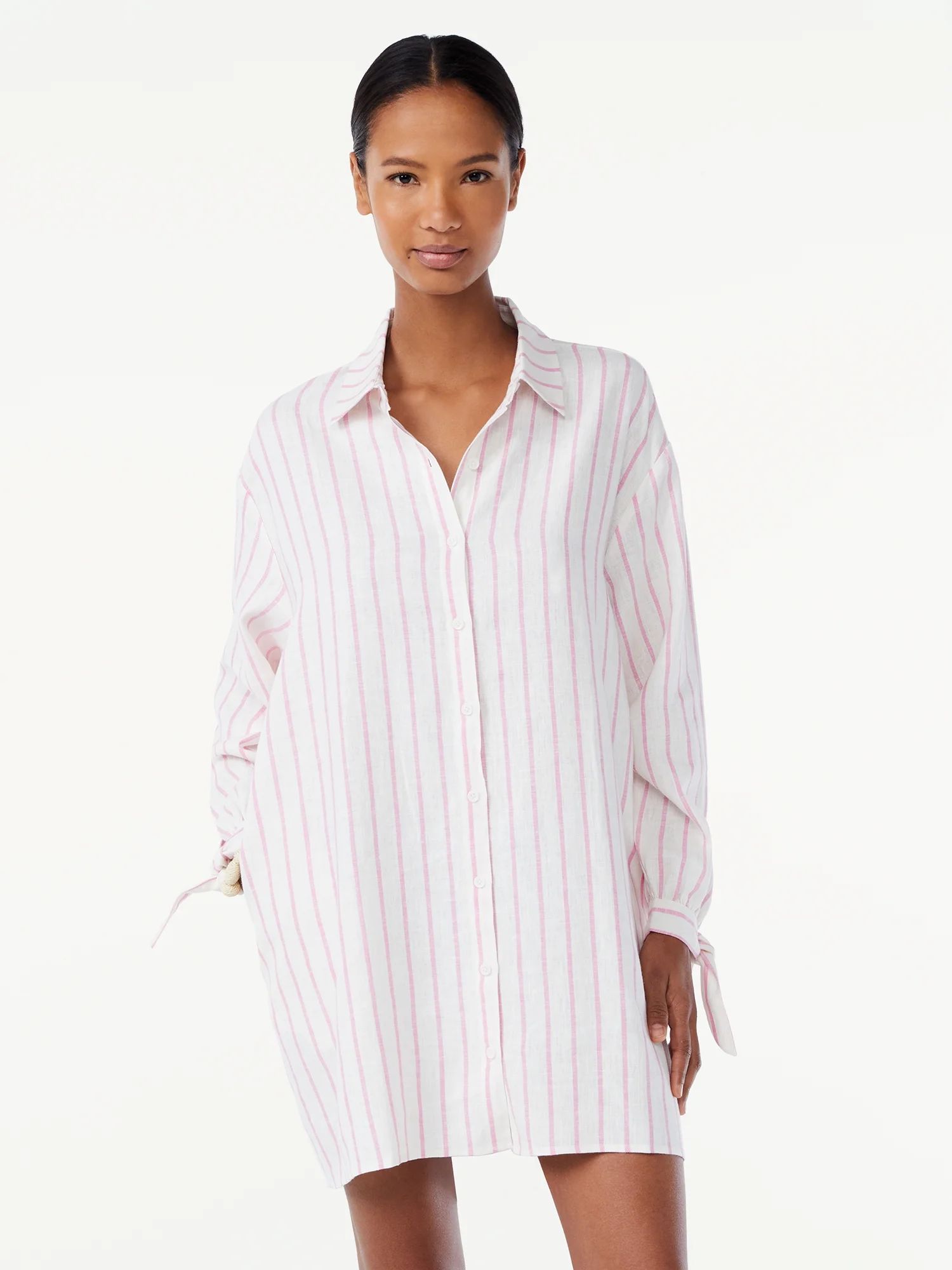 Scoop Women's Linen Blend Shirt Dress with Tie Sleeve Cuffs - Walmart.com | Walmart (US)