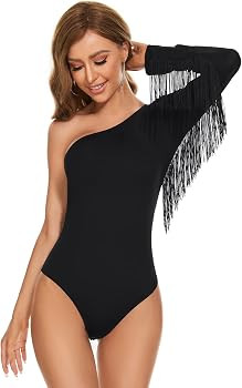 American Trends Women's Fringe Trim One Shoulder Long Sleeve Body Suits Concert Outfits Long Slee... | Amazon (US)