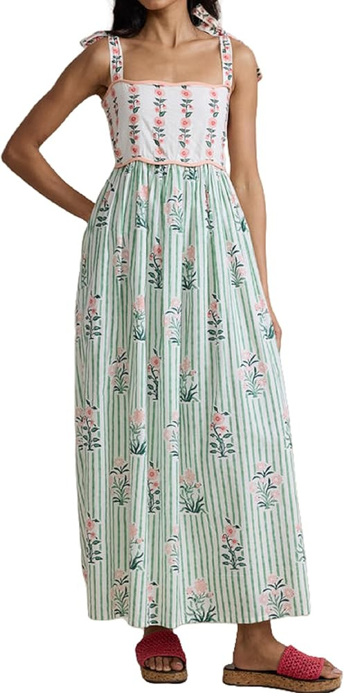 Women Tie Shoulder Boho Maxi Dress Floral Sleeveless Vacation Long Dress Summer Smocked Flowy Bea... | Amazon (US)