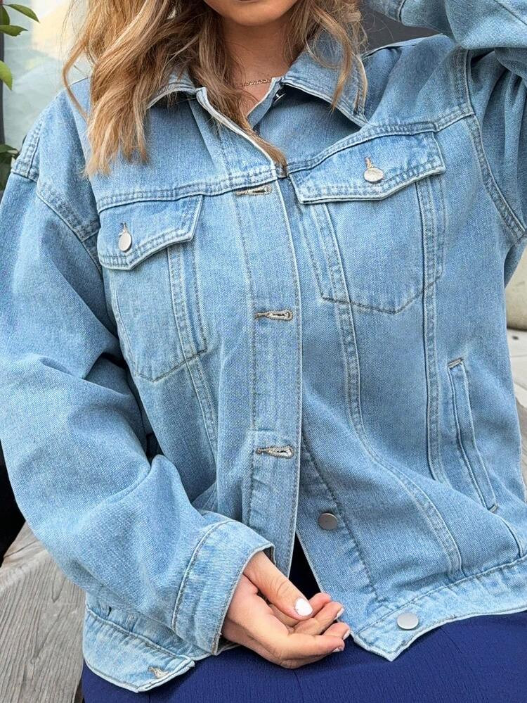 Jeta Ari Women's Loose Fit Long Sleeve Denim Jacket With Flap Pockets | SHEIN