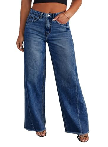 Eytino Womens Plus Size Jeans Stretchy High Waisted Casual Wide Leg Raw Hem Denim Pants with Pockets,3X Bluing | Amazon (US)