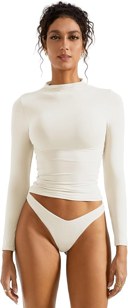 SUUKSESS Women Double Lined Mock Turtle Neck Long Sleeve T Shirt Fitted Y2k Crop Top | Amazon (US)