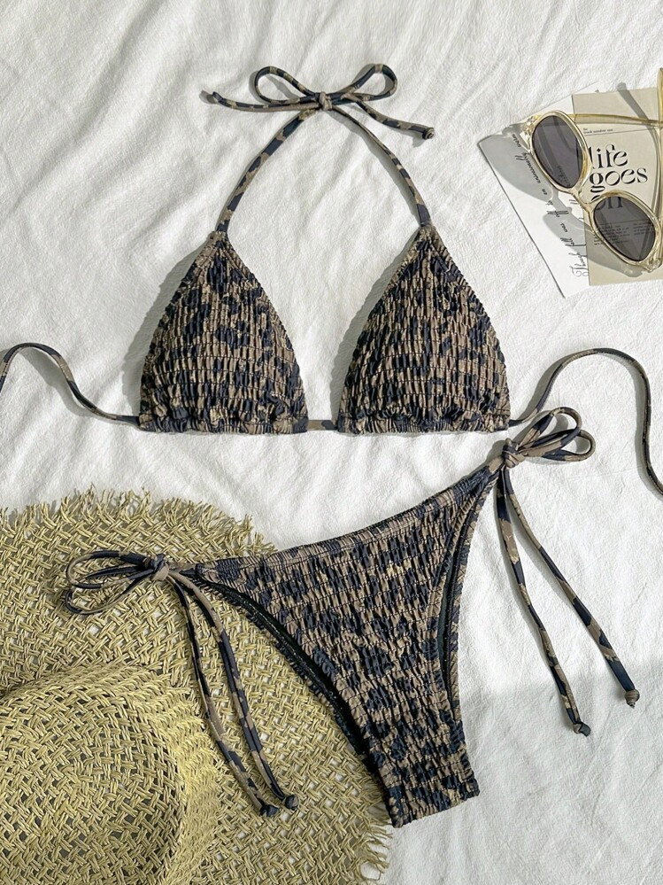 Swim Vcay Women's 2 Pieces Leopard Print Ruffled Crisscross Halter Bikini Swimming Suit For Beach Vacation, Summer Outfit | SHEIN
