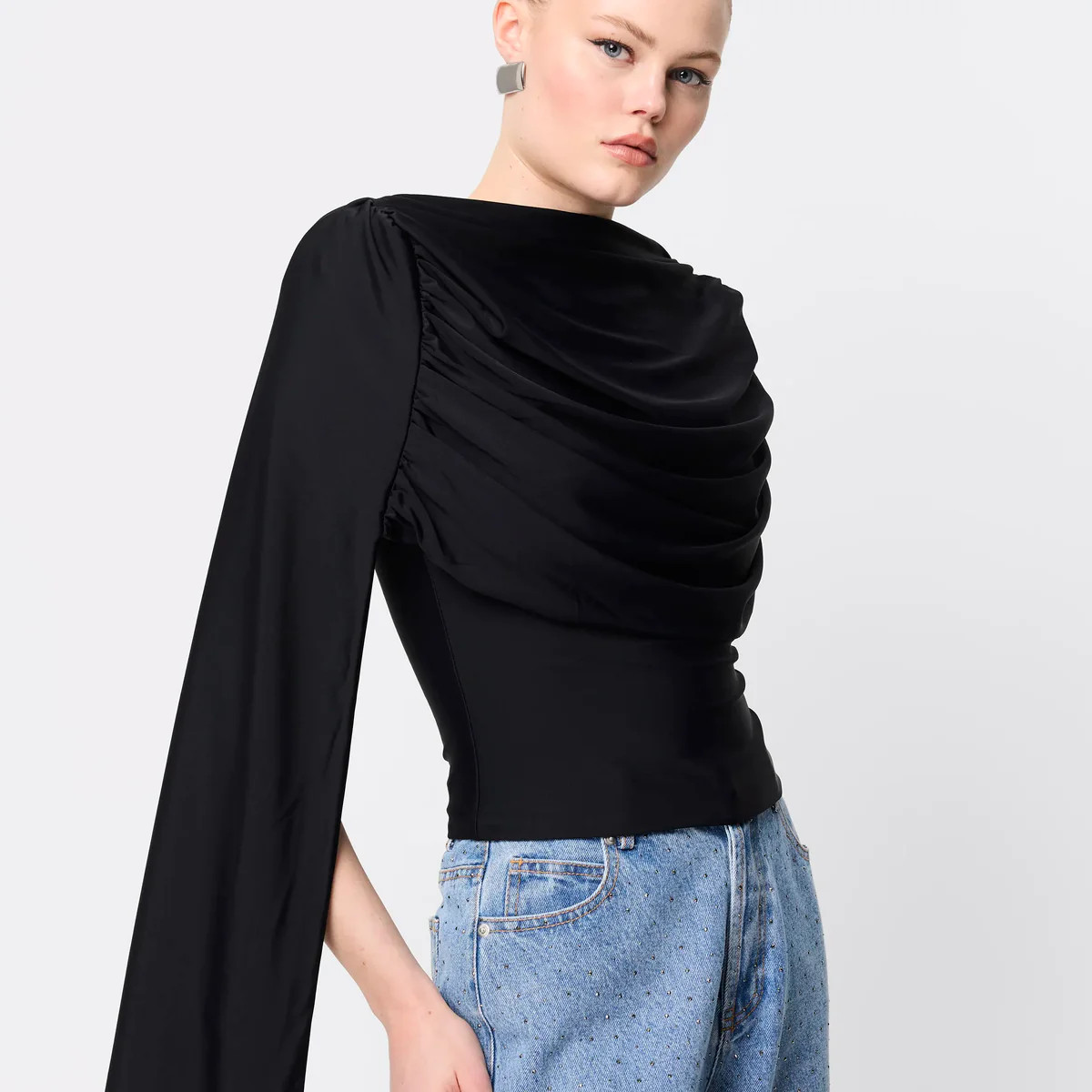 Reign Top - Mossman | Black Cape Sleeve Draped Top | Mossman