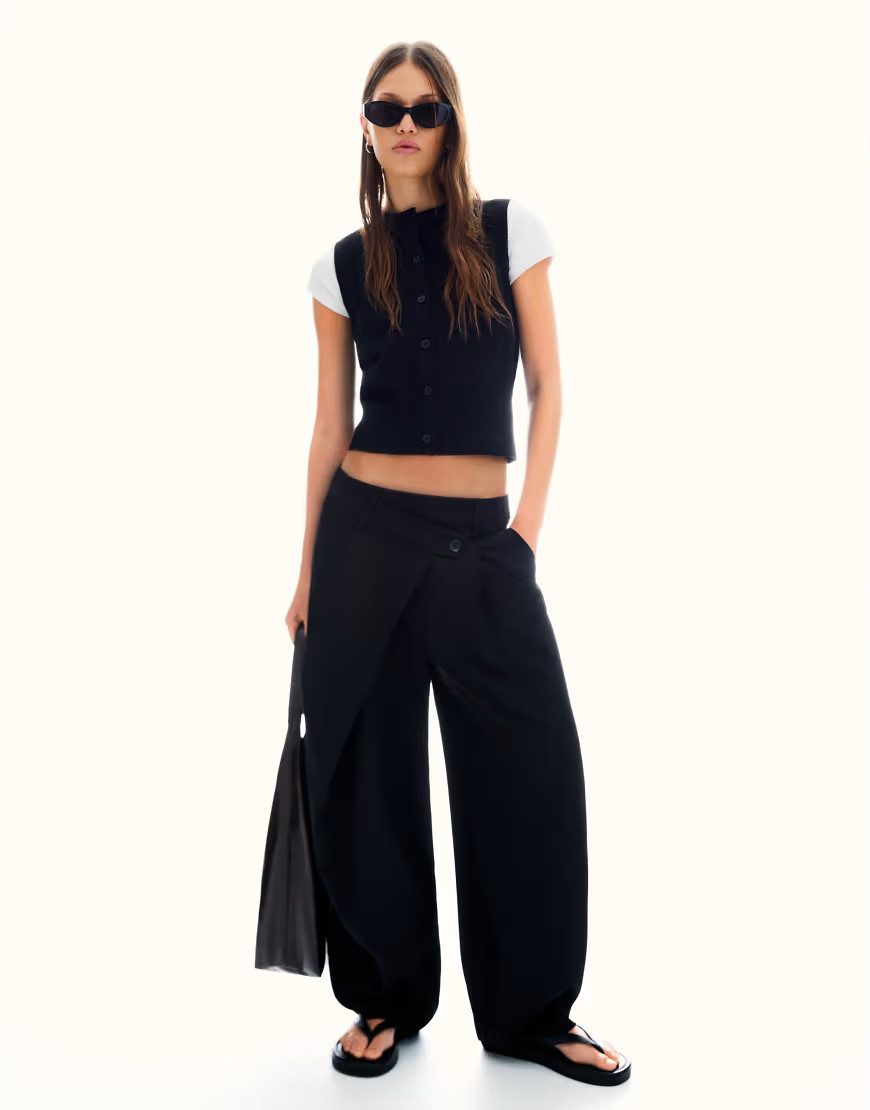 Bershka Tailored fit trousers with crossover waist in black | ASOS (Global)