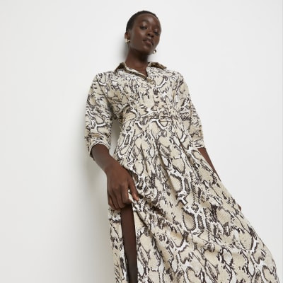 Brown snake print belted midi shirt dress | River Island (UK & IE)