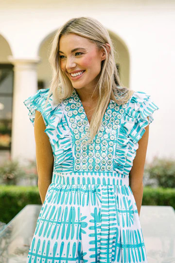 Sheridan French I Resort 2024 I Stacey Dress in Teal Botanical | Sheridan French