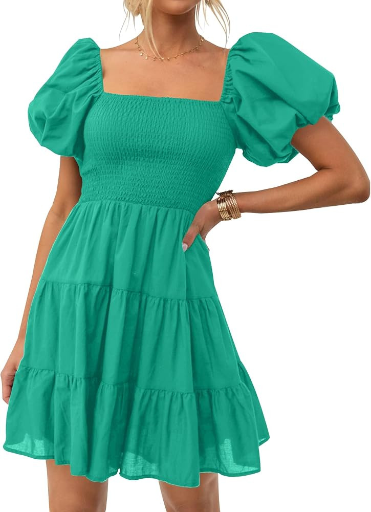 ZESICA Women's Boho 2026 Summer Square Neck Puff Sleeve Off Shoulder Smocked Tiered Casual A Line... | Amazon (US)