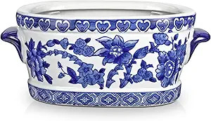 Blue and White Ceramic Planter Pot – Vintage Floral Oval Cachepot Vase for Indoor Plants, Flowe... | Amazon (US)
