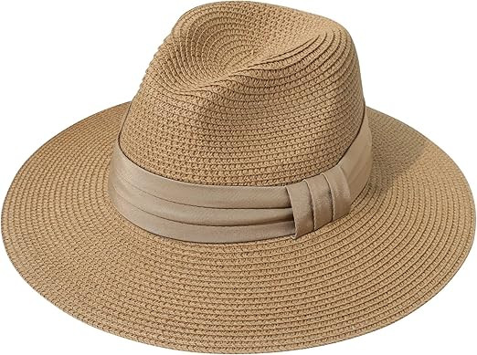 Lanzom Women Wide Brim Straw Panama Roll up Hat Fedora Beach Sun Hat UPF50+ | Amazon (US)