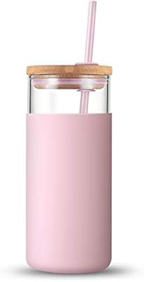 Tronco 20oz Glass Tumbler Straw Silicone Protective Sleeve Bamboo Lid - BPA Free (Pink) | Amazon (US)