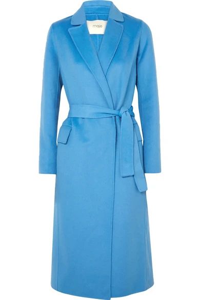 Maje - Belted Brushed Wool-blend Felt Coat - Sky blue | NET-A-PORTER (UK & EU)