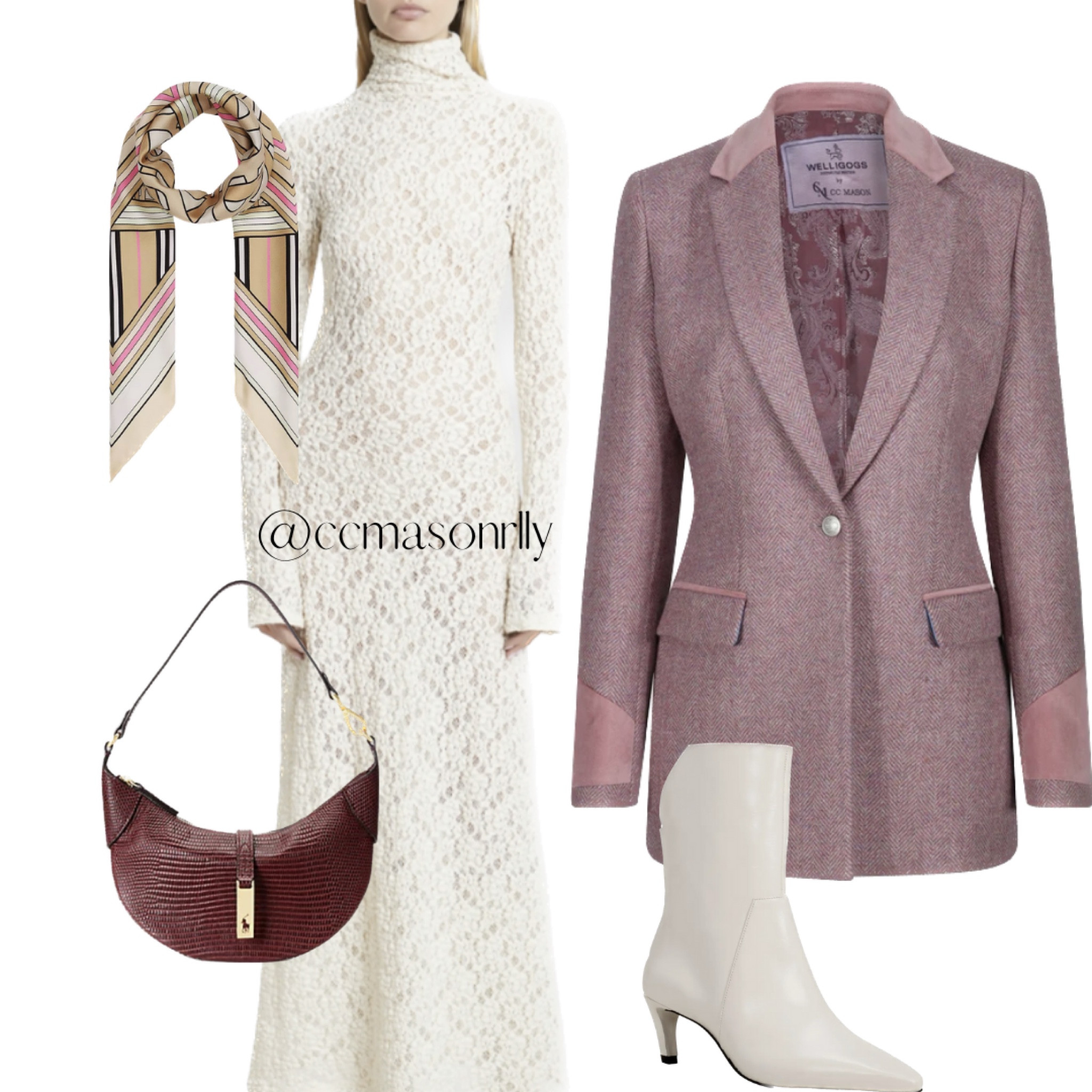 Upgrade your style with Luxury tweeds. I wear my CC Blossom x Welligogs blazer with kitten heel cream booties, a crescent bag and a Burberry tweed scarf to accent this cream maxi dress.  

#LTKshoecrush #LTKstyletip #LTKparties