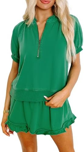 KevaMolly Women's 2 Piece Lounge Sets Casual Short Sleeve Outfits Half Zip Puff Sleeve Top and Ru... | Amazon (US)