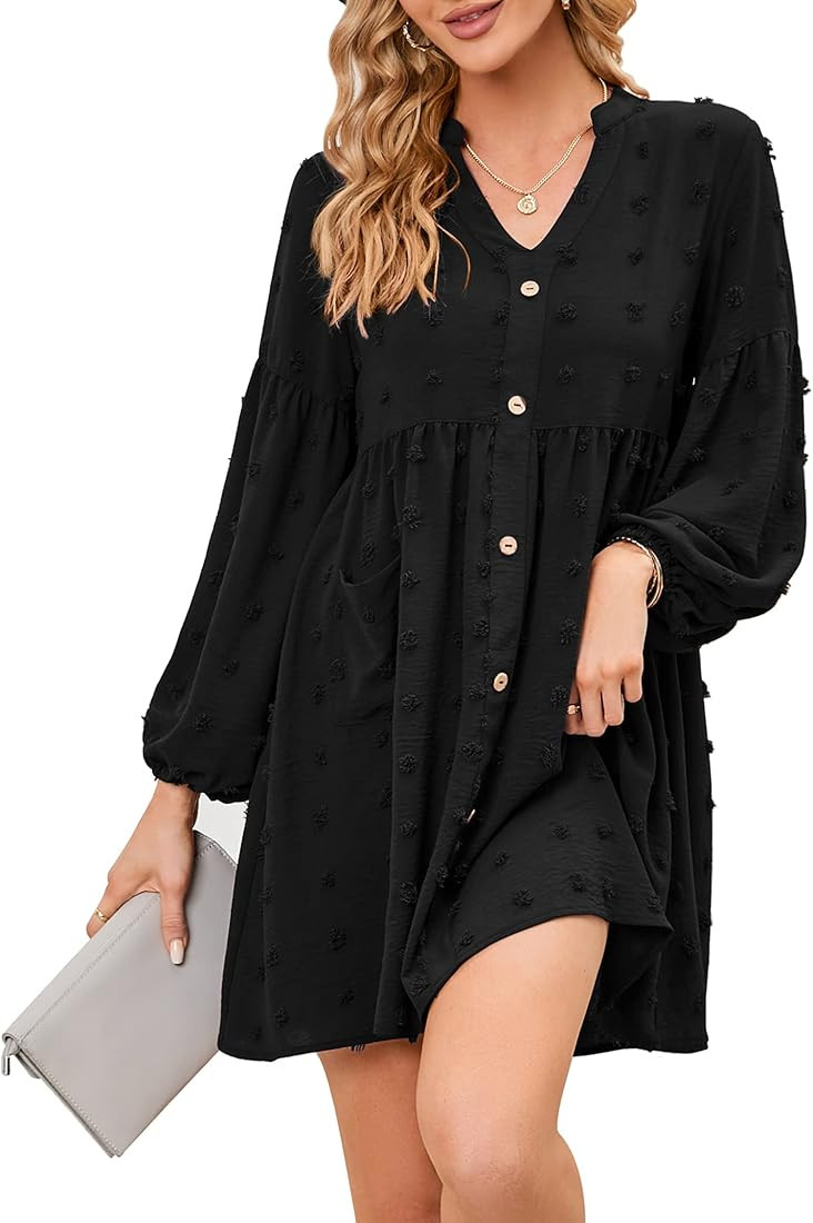 KOJOOIN Womens Long Sleeve Mini Dress V Neck Swiss Dot Button Down Casual Loose Flowy Babydoll Dr... | Amazon (US)