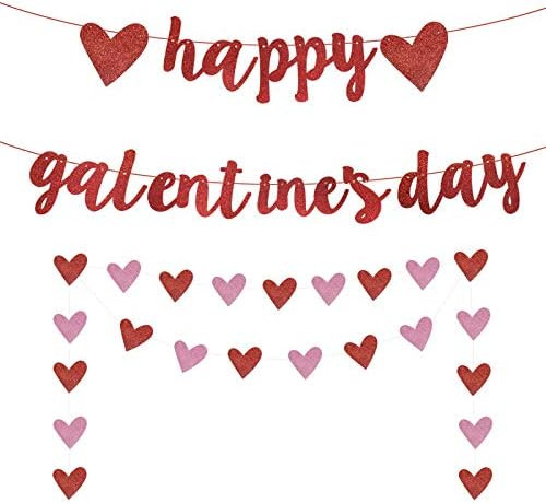 Happy Galentine's Day Banner, Red Glittery Galentine’s Day Decorations, Heart Garland Banner De... | Amazon (US)