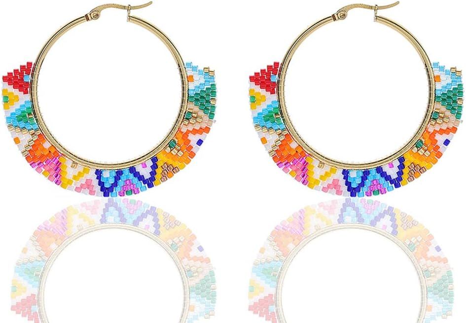 Zeelina Beaded Hoop Earrings Bead Circle Hoops Colorful Drop Earring Summer Bohemian Dangle Earri... | Amazon (US)