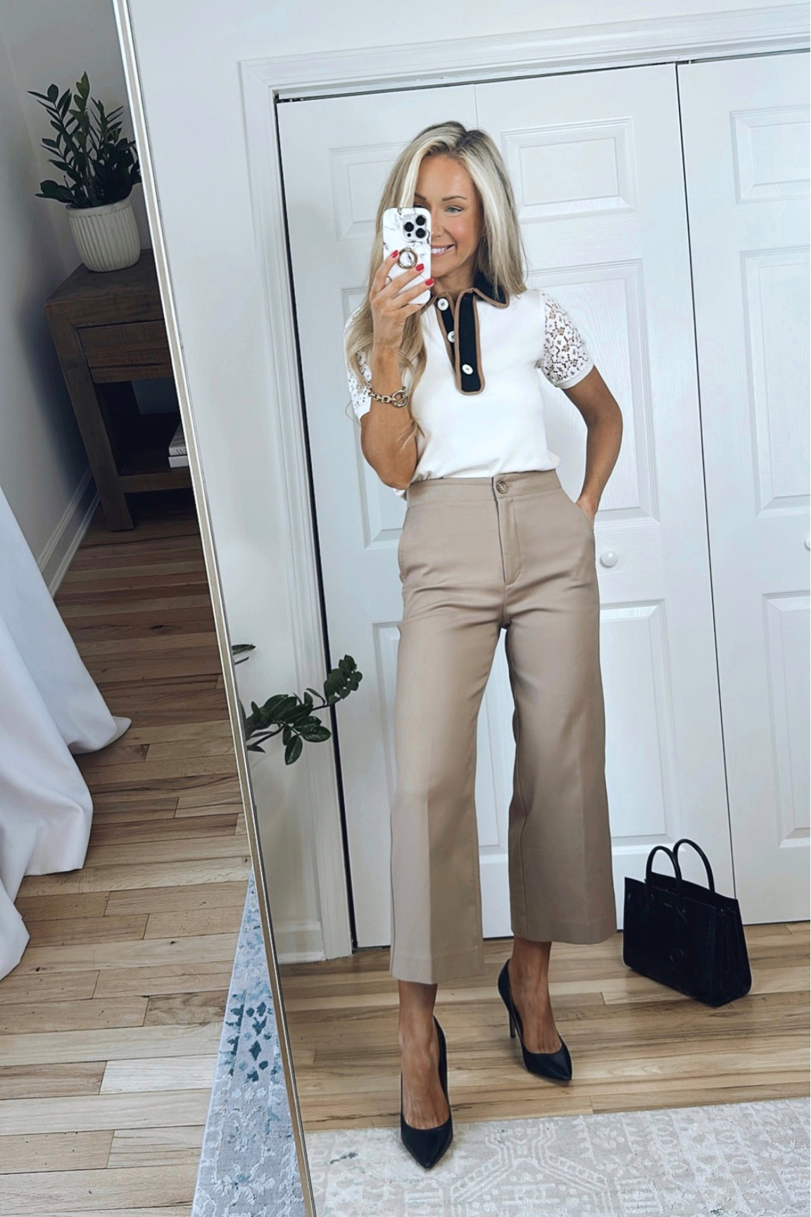 Spring work outfit! Sizing info:
-Lace polo shirt runs TTS, wearing a small
-Light beige wide leg pants, wearing a size 2 (*I bought these last year, I think the beige color this year is slightly lighter than this beige)
-Black heels run TTS

#LTKworkwear