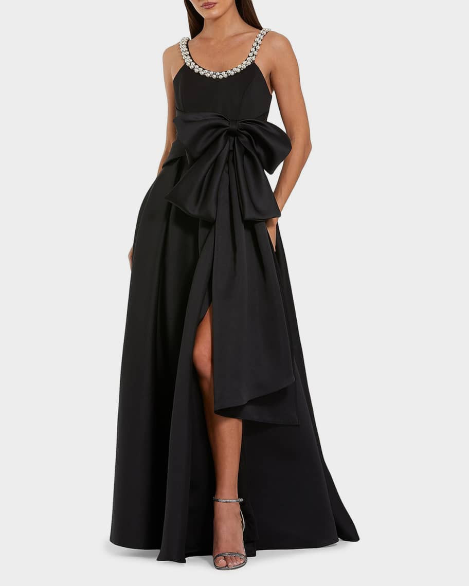 Mac Duggal Pleated Pearly-Trim Bow Satin Gown | Neiman Marcus
