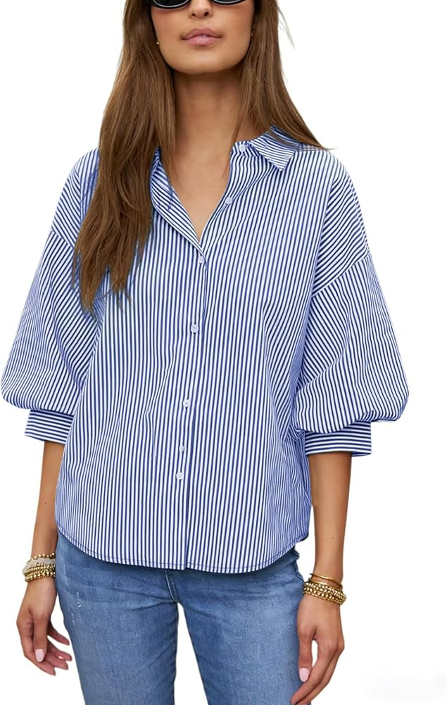 Women's Striped Button Down Shirts 3/4 Puff Sleeve Collared V Neck Loose Blouse Top | Amazon (US)