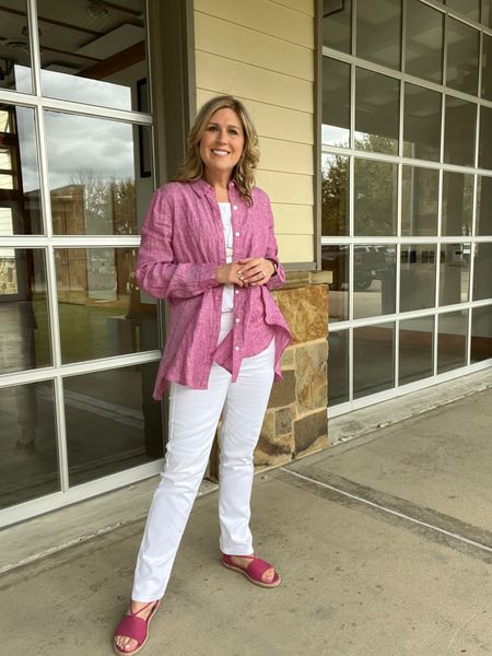 Linen tunic button up shirt. Love the raspberry color. White straight leg denim.  Full length. Runs tts. Bold pink sandals. 

#LTKshoecrush #LTKSeasonal #LTKover40