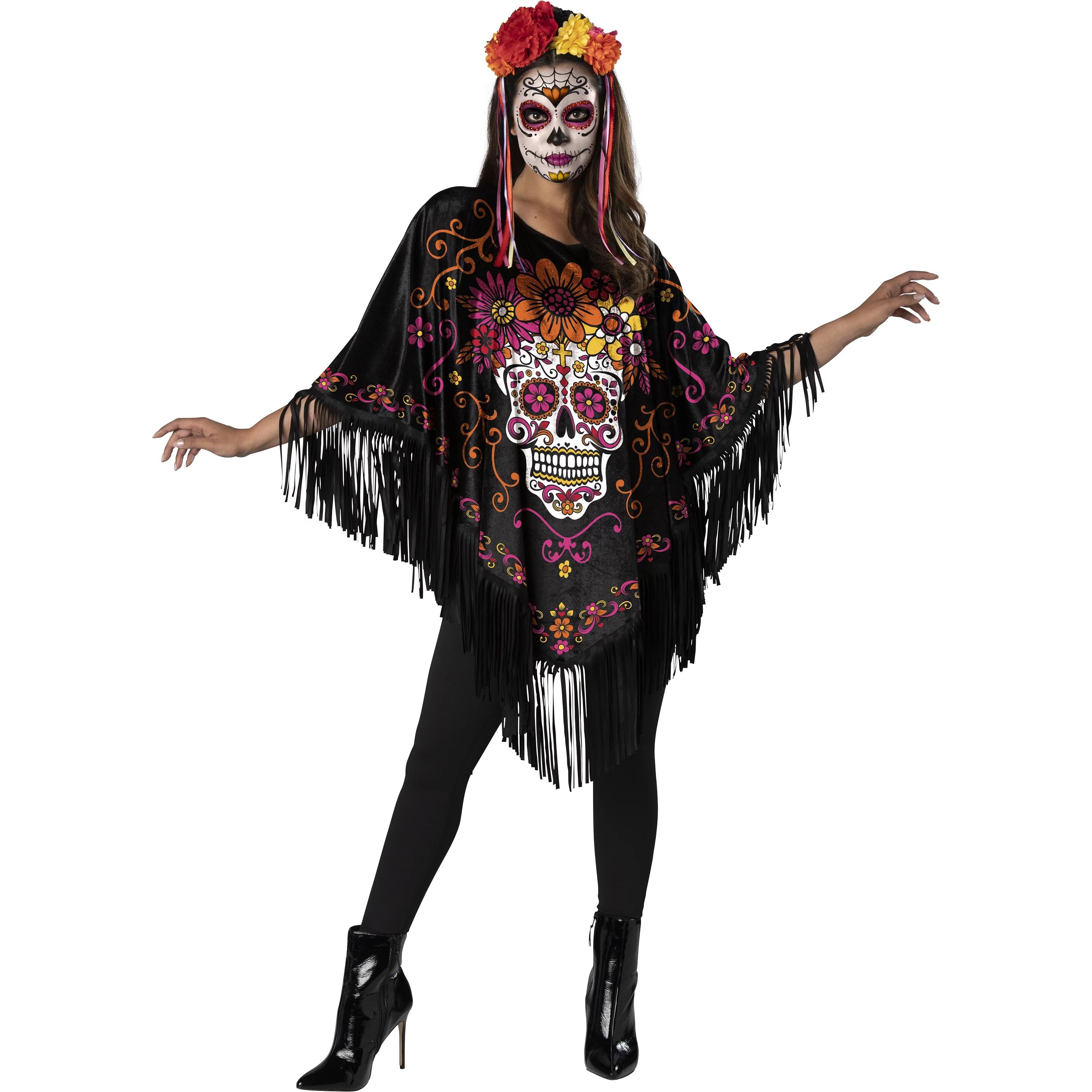 Fun World Sugar Skull Poncho Multi-Color Halloween Costume Set, Women Female Adult | Walmart (US)