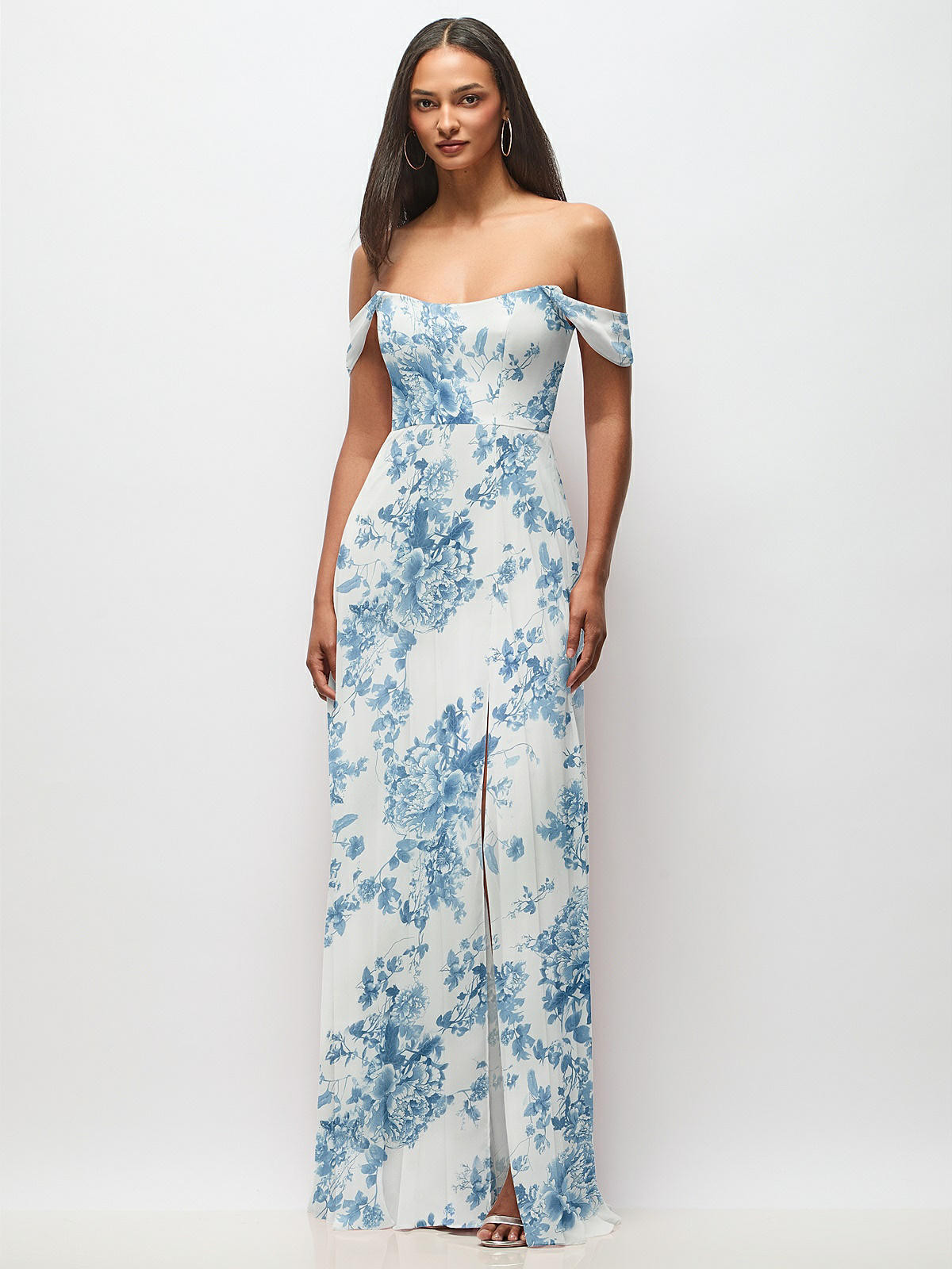Off-the-Shoulder Basque Neck Maxi Dress with Flounce Sleeves | The Dessy Group