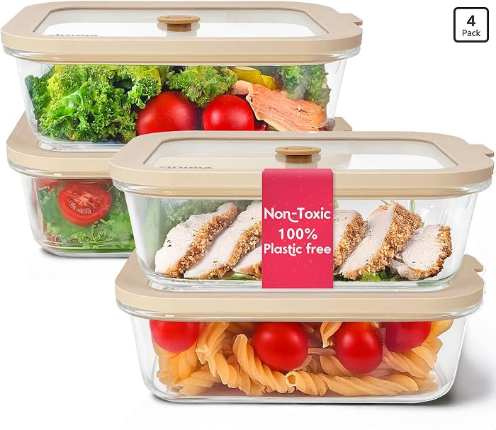Non-Toxic Glass Food Containers with Lids, 4-Pack, 35 oz, Beige | Amazon (US)