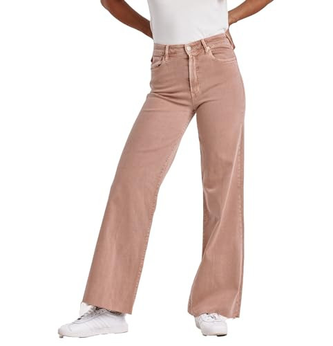 DEAR JOHN Fiona Wide Leg Women's Jeans Mid Rise Raw Cut Hem Full Length Inseam Stretch Denim - Italian Clay - Size 32 | Amazon (US)