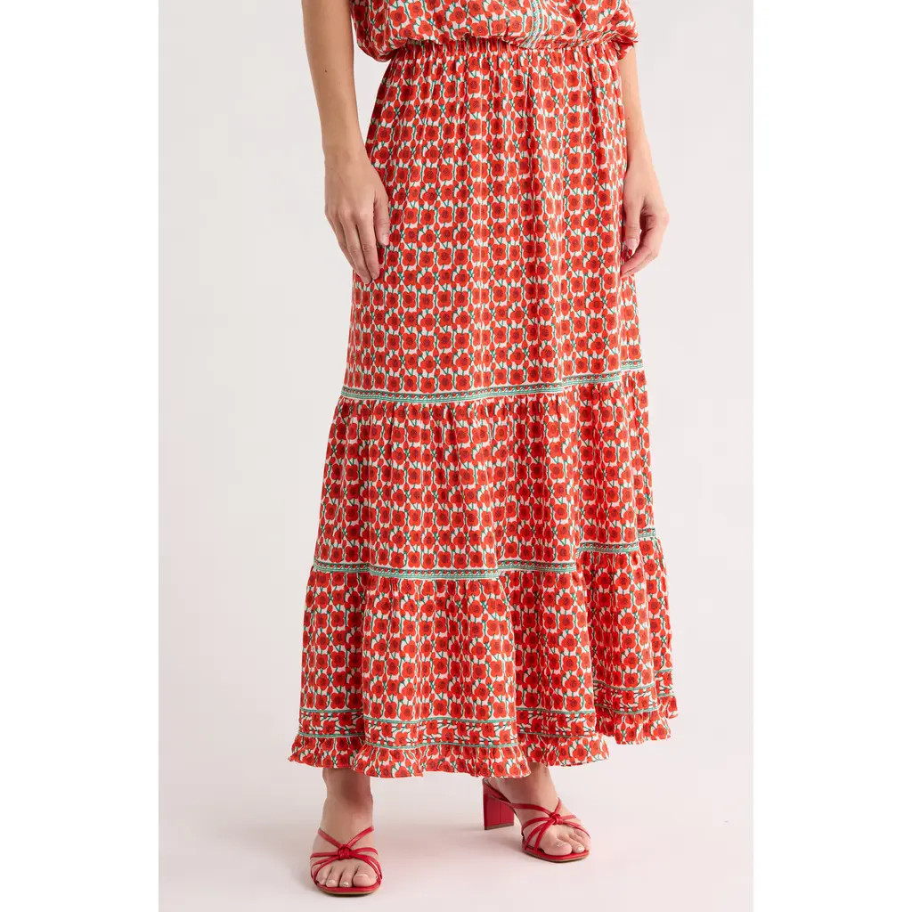 MAX STUDIO Floral Tiered Maxi Skirt in Cream/Papaya Poppy Buds at Nordstrom Rack, Size X-Small | Nordstrom Rack