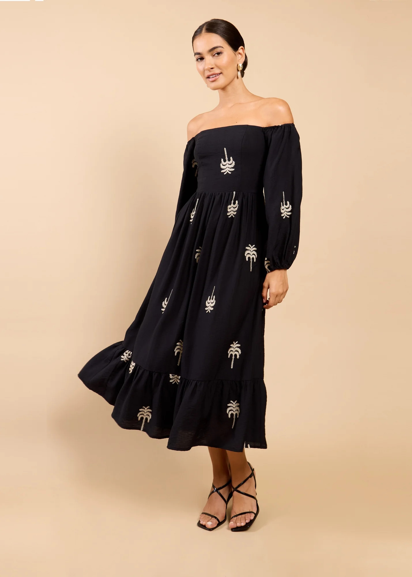 Little Mistress Black Embroidered Bardot Midaxi Dress Vicky Pattison EDIT | Matalan (UK)