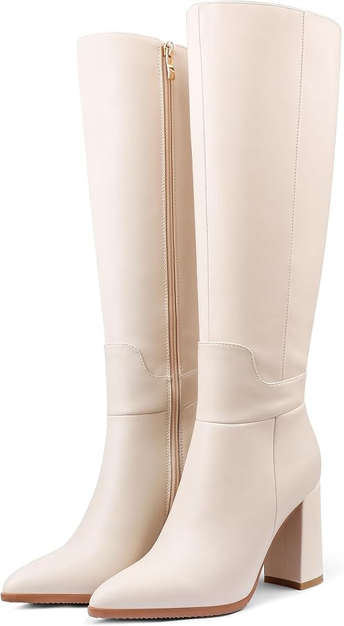 Dance&Style Women's Leather Boots Block Heels Shoes Fall Boots Knee High | Amazon (US)