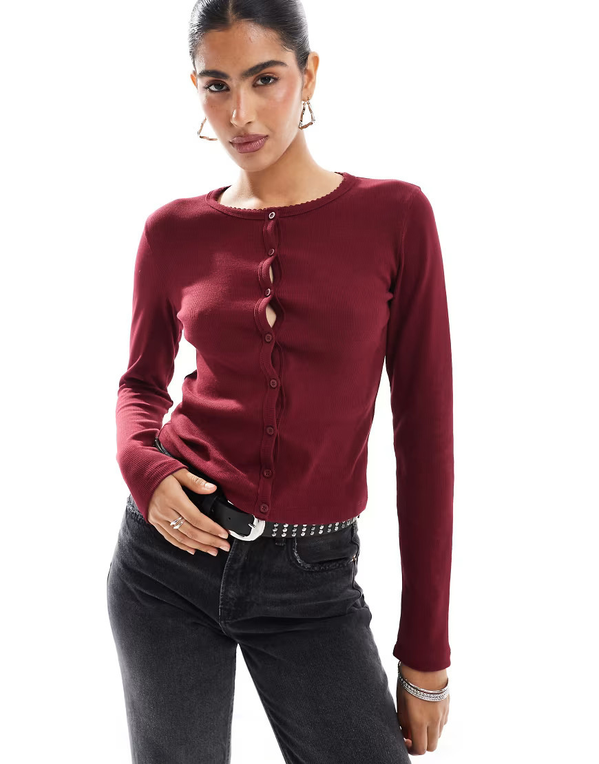 Stradivarius ribbed jersey cardigan in burgundy-Red | ASOS (Global)