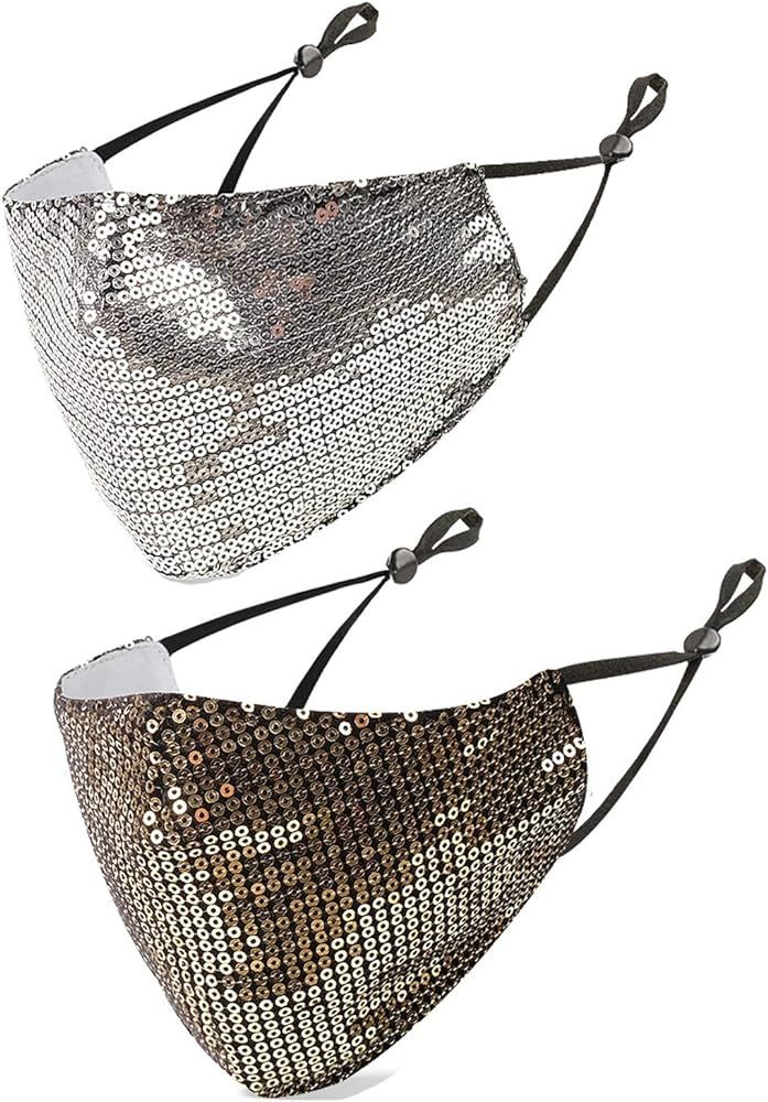 2/3PCS Womens Glitter Reusable Face Cloth Mask, Sparkly Sequins Face Covering Mask for Masquerade... | Amazon (US)