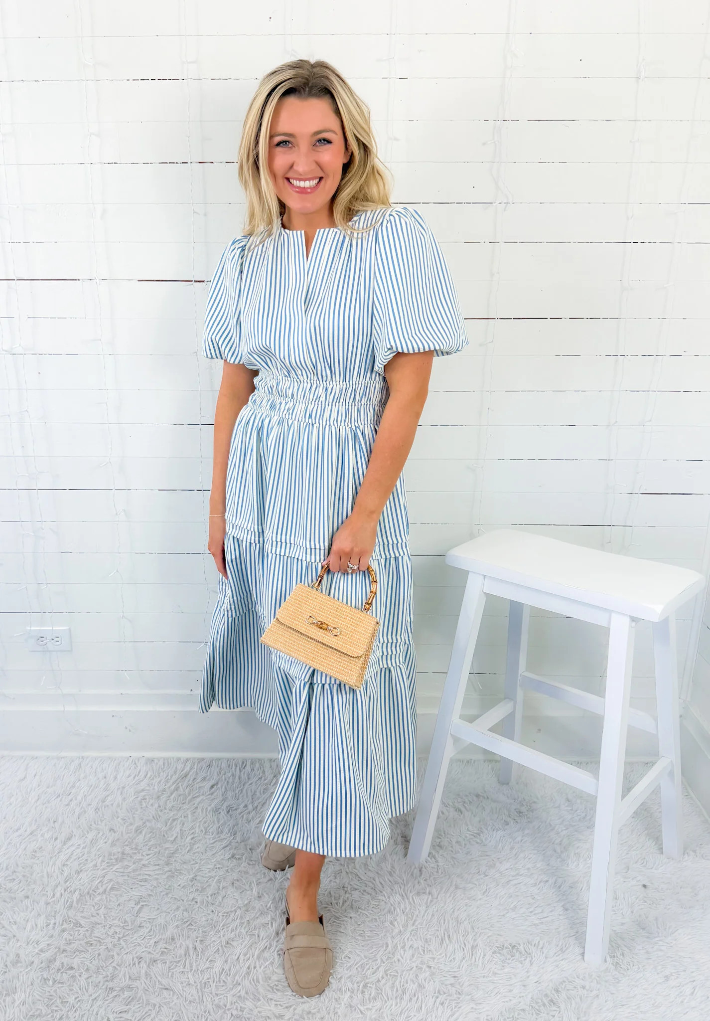 Ingrid Sky Blue Pintuck Striped Maxi Dress | Clover and Bee | Clover + Bee