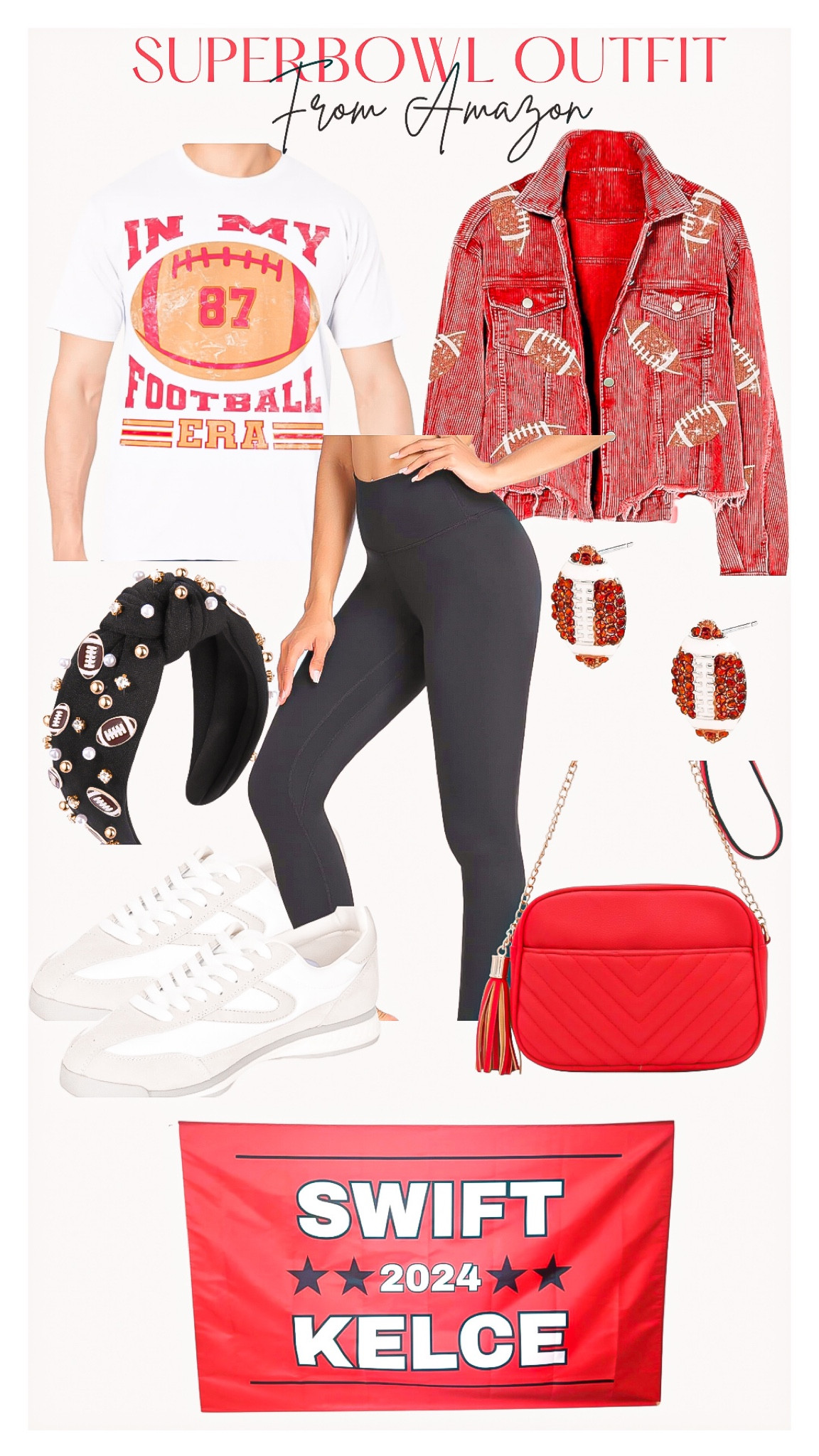 Super Bowl outfit! 🏈♥️
• calling all swifties! 🤎

Whether you’re a football fan or a Taylor swift fan- this fit is for you 😌

Amazon fashion, Super Bowl, Taylor swift , Travis Kelce, football outfit, Super Bowl outfit, in my football era tee shirt, football denim jacket, leggings, football headband, football earrings, red crossbody bag, sneakers, women’s shoes, swift Kelce campaign flag 

#LTKMostLoved #LTKstyletip #LTKparties